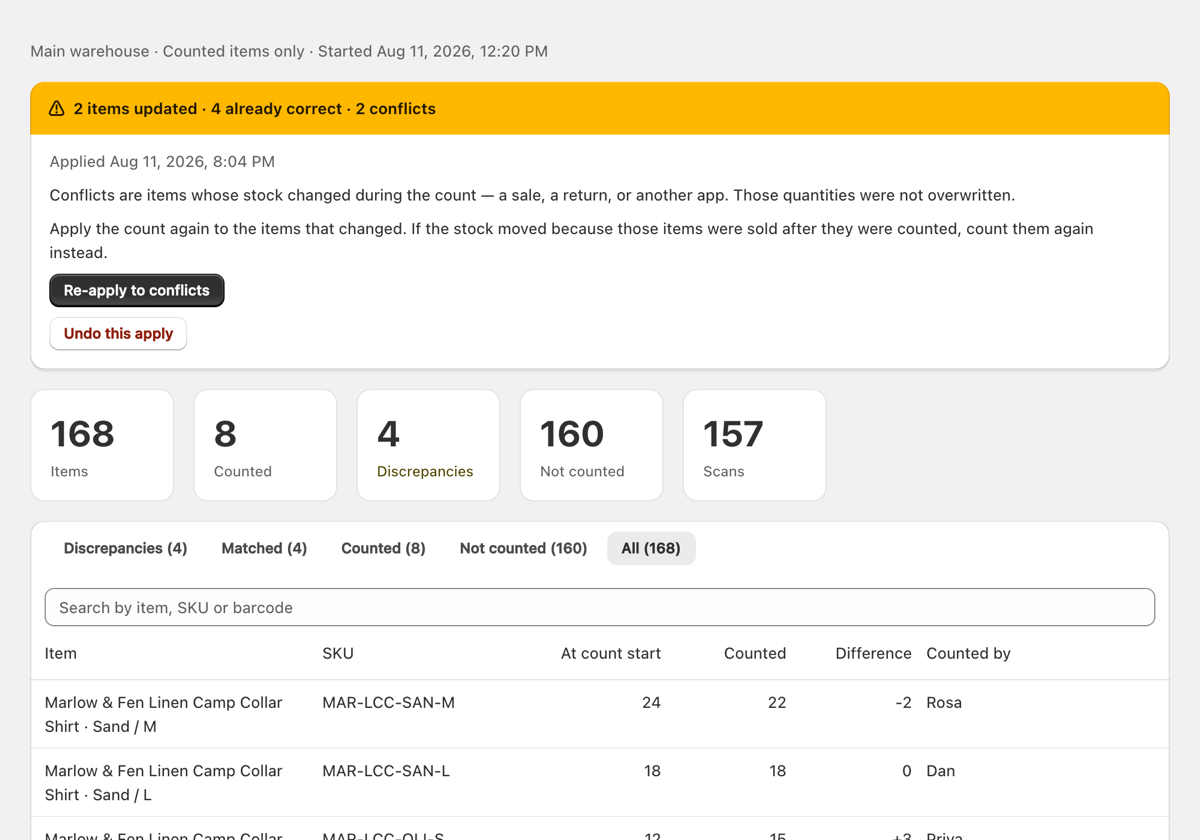 The apply result, with two items held back as conflicts